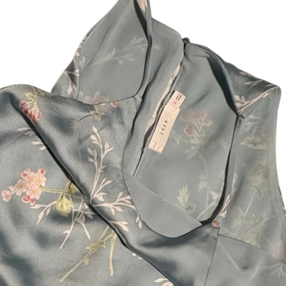 Lush Blue Floral Satin Peplum Halter Top Sleeveless High Neck Medium Cottagecore - Picture 7 of 9